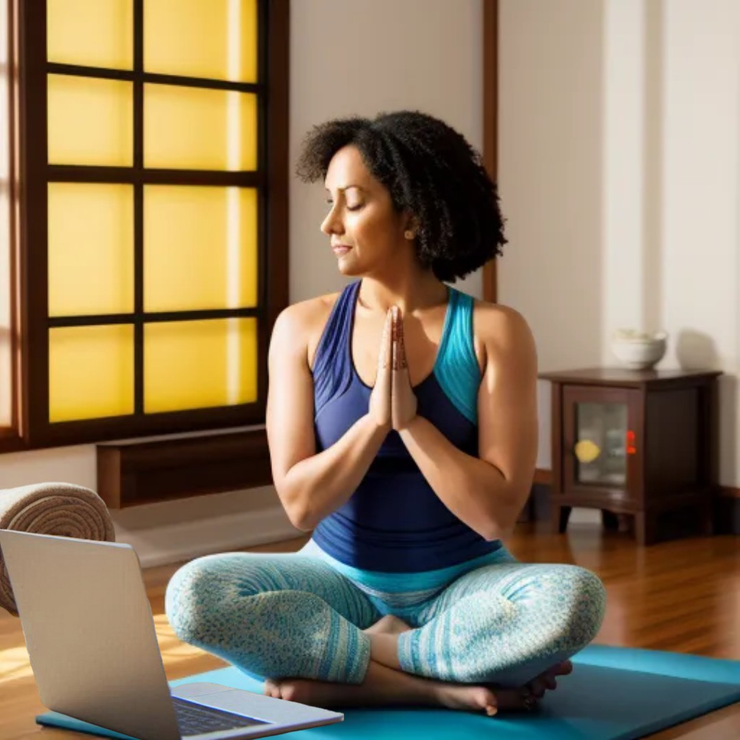 Yoga Schülerin sitzt in Gebetshaltung